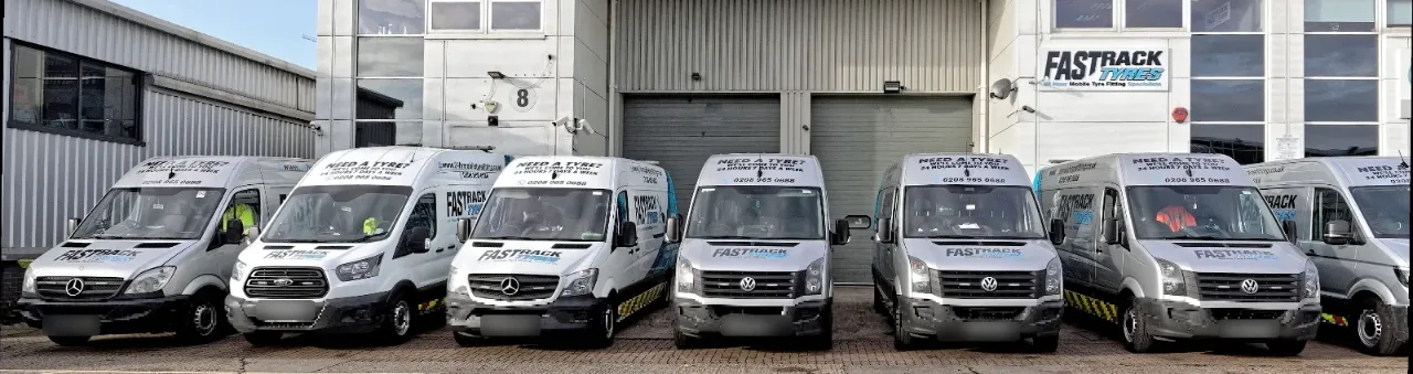 The Fastrack Tyres mobile fitting van fleet at the Park Royal depot