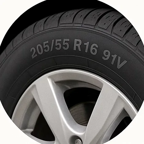 Tyre sidewall showing the size 205/55 R16 91V