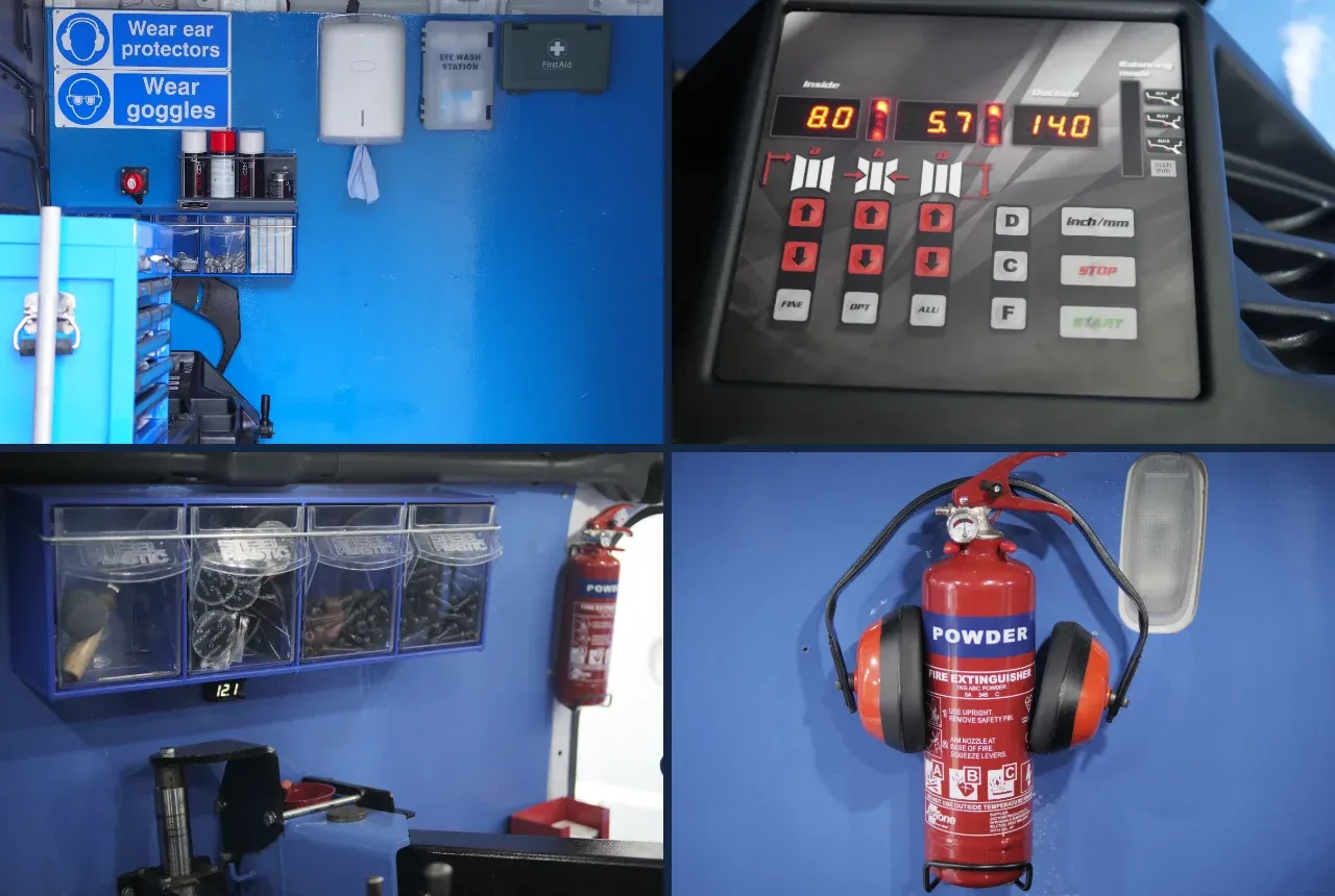 Inside a Fastrack Tyres van: wheel balancer, parts stock and full safety equipment