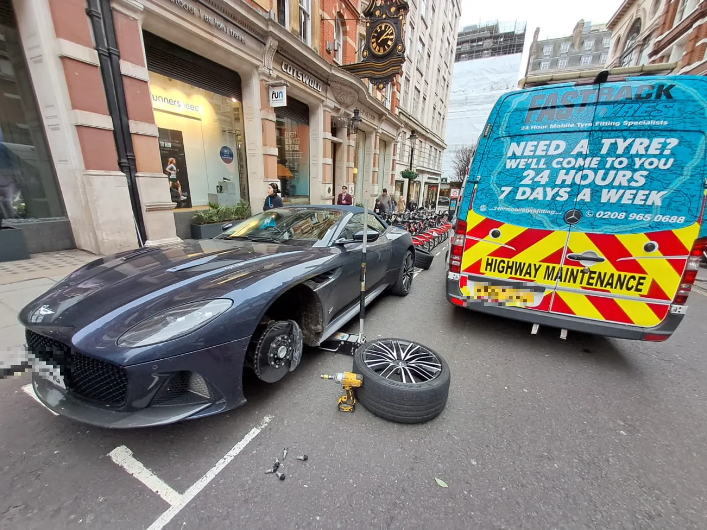 Aston Martin DBS Superleggera tyre change on Marylebone High Street