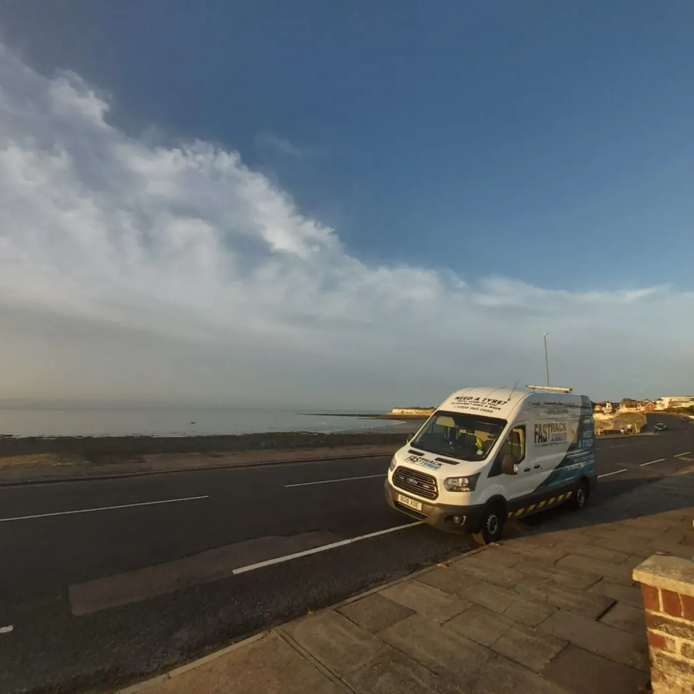 Fastrack mobile tyre van on a coastal road