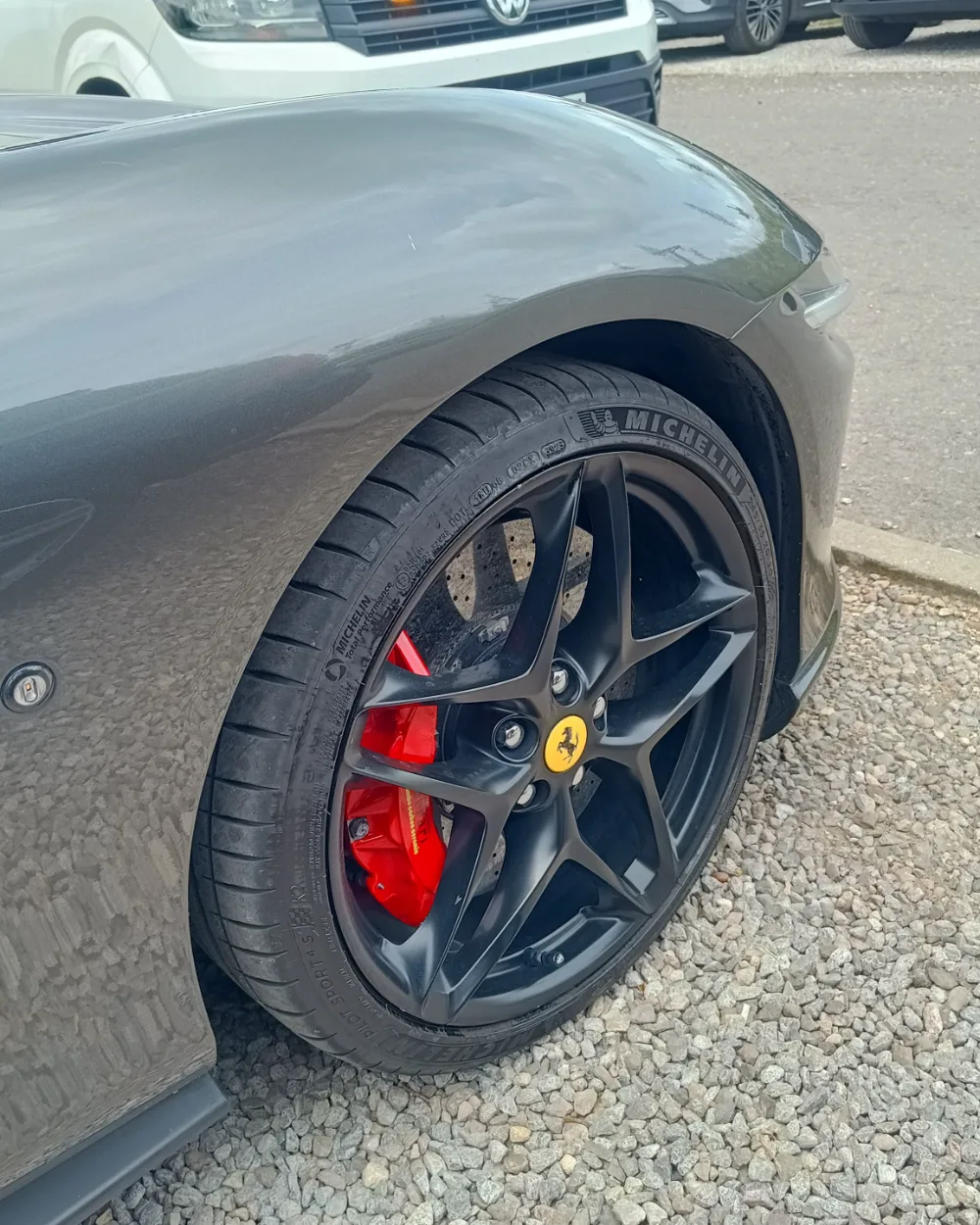 Close-up of a Ferrari Roma wheel with a new Michelin Pilot Sport 4S tyre fitted