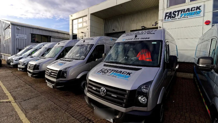 The Fastrack Tyres mobile tyre fitting van fleet at the London depot