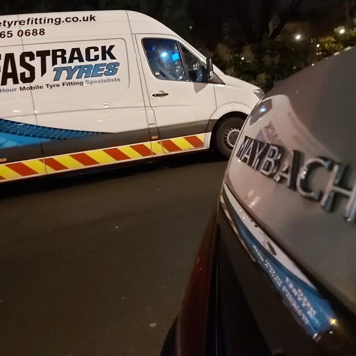 Mercedes-Maybach attended at night by the Fastrack mobile tyre van